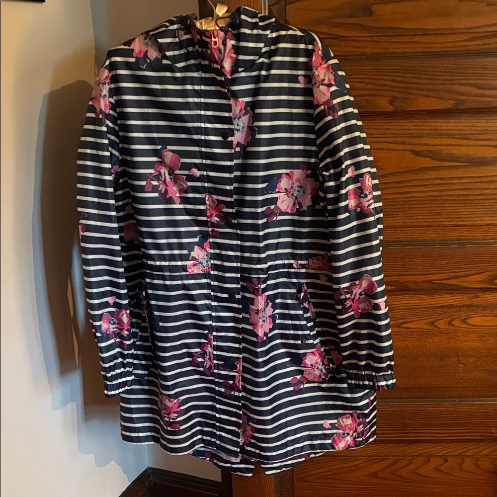 Joules Navy Stripe Hooded Raincoat with Pink Floral Print